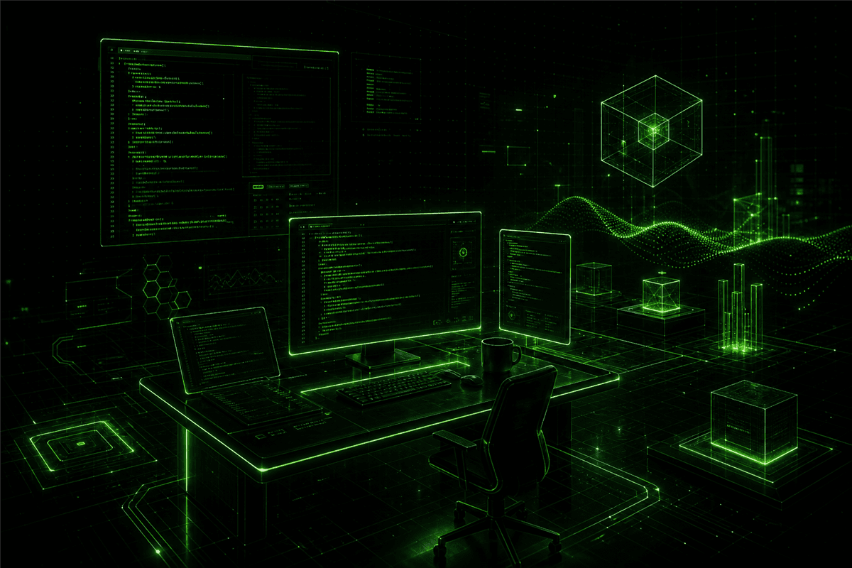 Futuristic neon developer workstation visualization